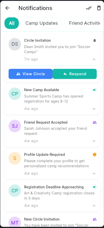 Full notifications screen with Circle Invitation dialog open and multiple notification types